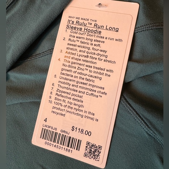 NWT Lululemon it’s rulu run long sleeve hoodie green jasper size 4 - Picture 2 of 2